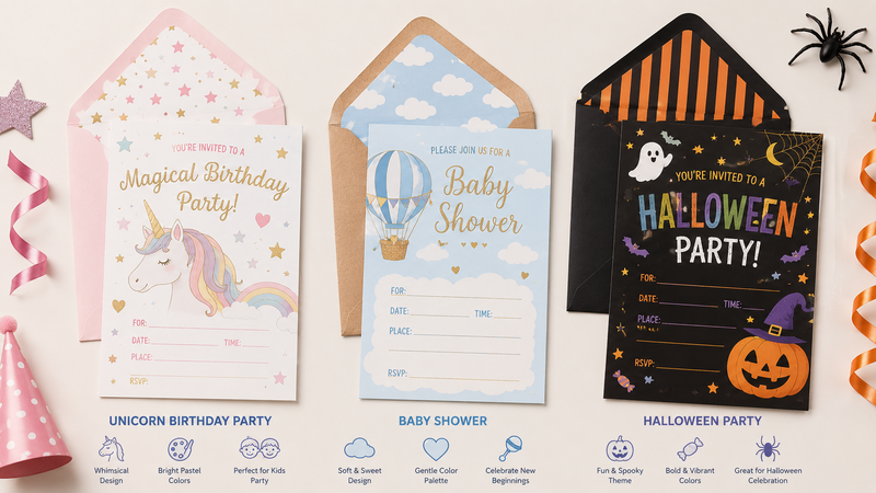 Colorful birthday invitation cards with vibrant polka dot design, customizable for various party themes.