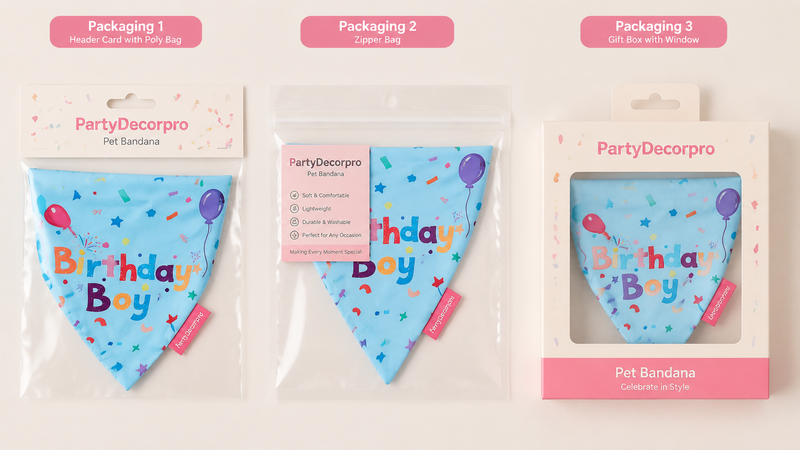 Custom pet bandana packaging options display including header card bag zip bag and retail gift box B2B wholesale solutions