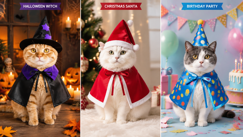 Split panel pet costume showcase featuring Halloween Christmas and birthday themed outfits for cats and dogs in festive studio background