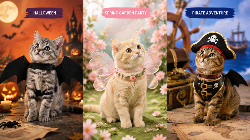 Split-panel pet costume designs featuring Halloween fairy pirate themed cats and dogs with seasonal backgrounds customizable wholesale outfits