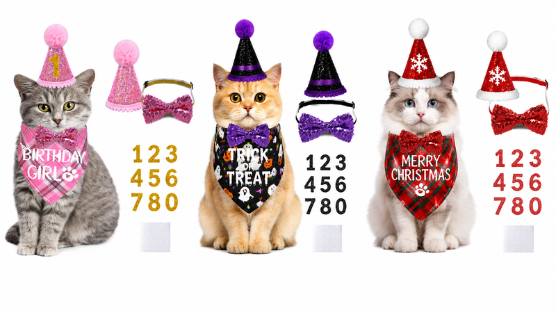 Three-theme pet costume bandana set with birthday Halloween and Christmas designs for dogs and cats