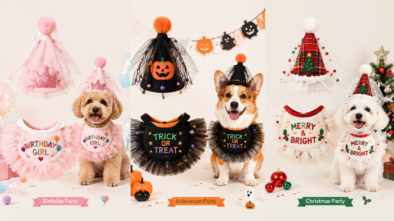 Custom pet party costume sets birthday Halloween Christmas themed dog outfits wholesale B2B product collage