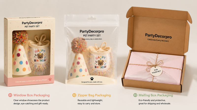 Three packaging solutions for pet party costume sets including window box, zipper bag, and mailer box for wholesale customization