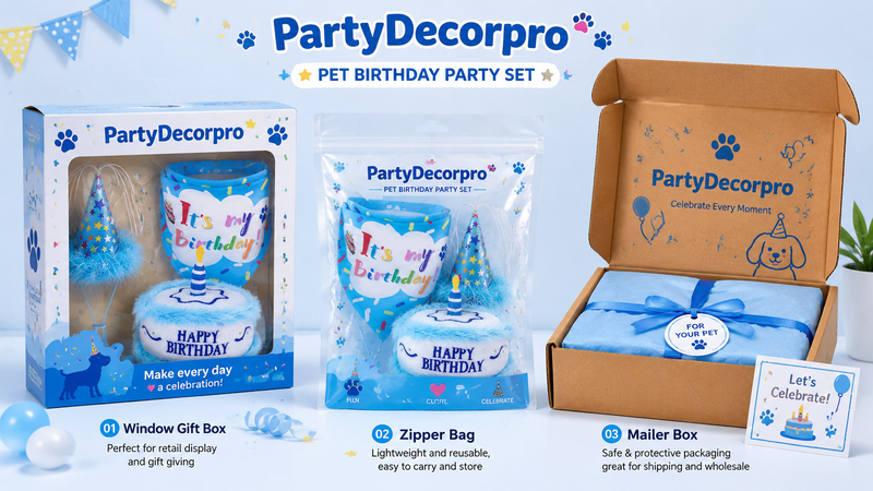 Three packaging options for pet party set including display box, zipper bag, and mailer box for wholesale customization and retail presentation