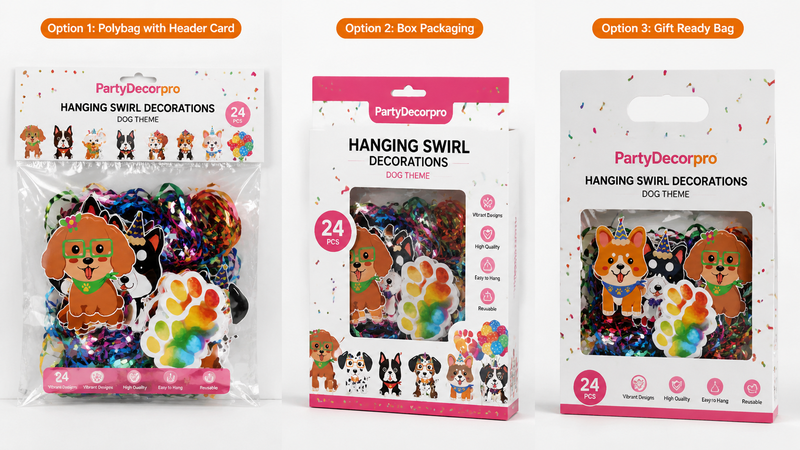 Three packaging options for dog-themed hanging swirl decorations including polybag, box and gift-ready retail packaging