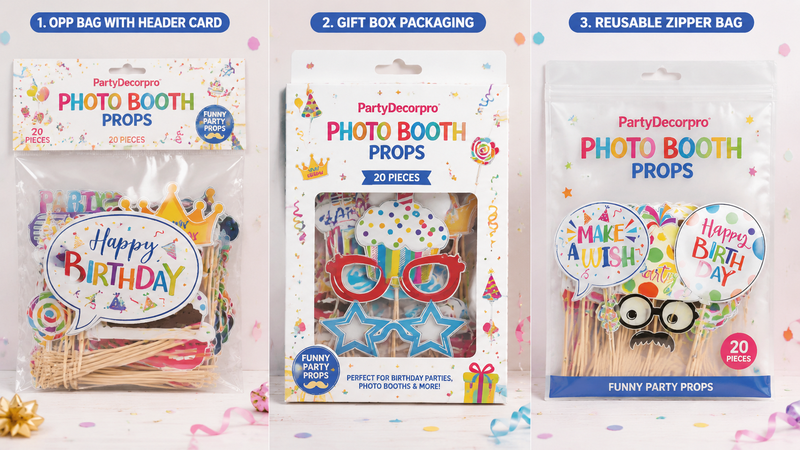Party photo booth props packaging options including header bag gift box and resealable pouch for wholesale customizable product display