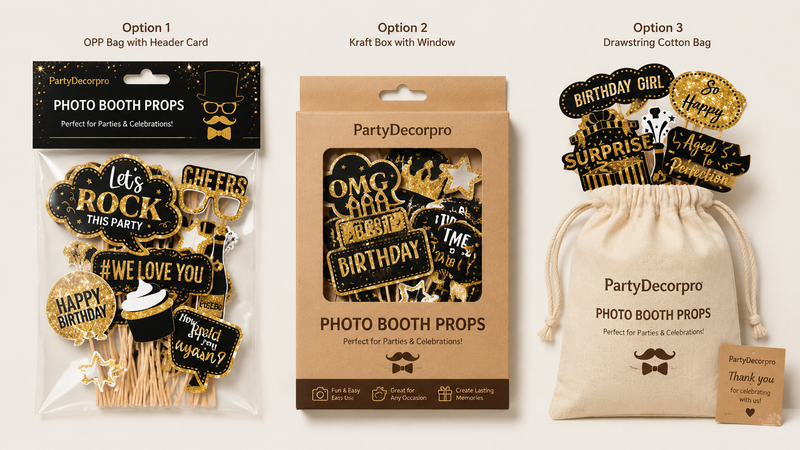 Three packaging options for photo booth props including OPP hang bag, kraft window box and cotton drawstring pouch with customizable designs