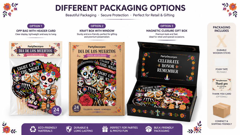 Three packaging options for Dia de los Muertos photo booth props including OPP bag, kraft window box and magnetic gift box in a clean catalog layout