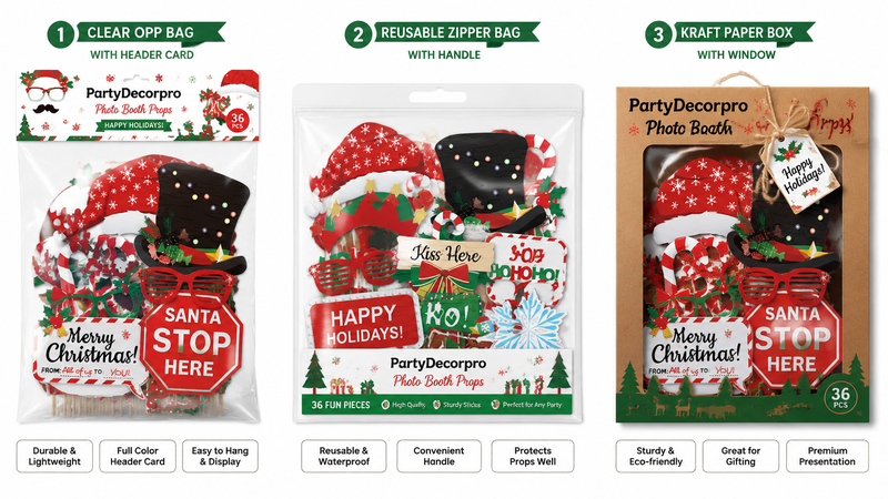 Christmas photo booth props packaging options including OPP bag zipper bag and kraft window box for wholesale party decoration products