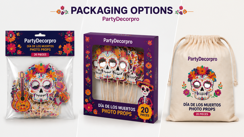 Three packaging options for Dia de los Muertos photo props including poly bag, color box and canvas drawstring bag in a clean product layout