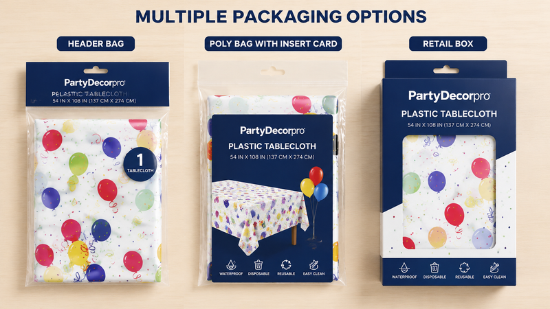Plastic tablecloth packaging options showing header bag, poly bag with insert card, and retail box designs for wholesale