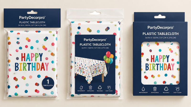 Plastic tablecloth packaging display showing multiple retail-ready packaging options for wholesale distribution