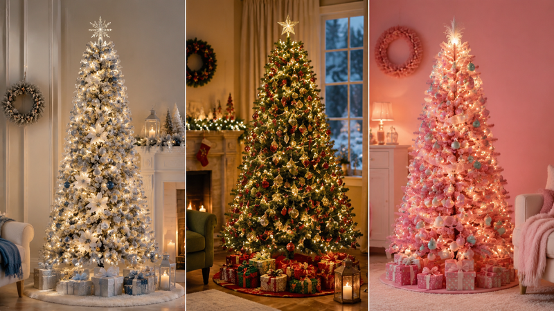 Warmly lit artificial Christmas tree decorated with ornaments in a cozy living room interior beside presents, stockings and festive home decor setting.