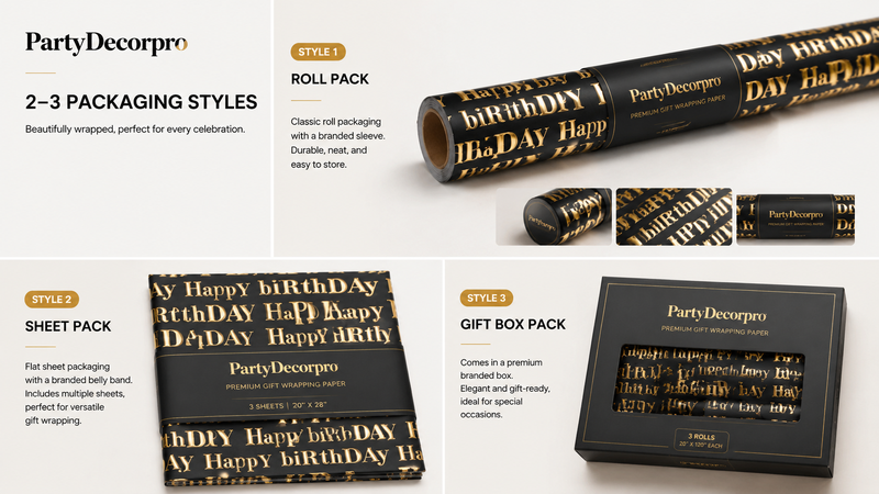 Black and gold birthday wrapping paper packaging options showing roll, sheet and gift box styles for customizable branding use