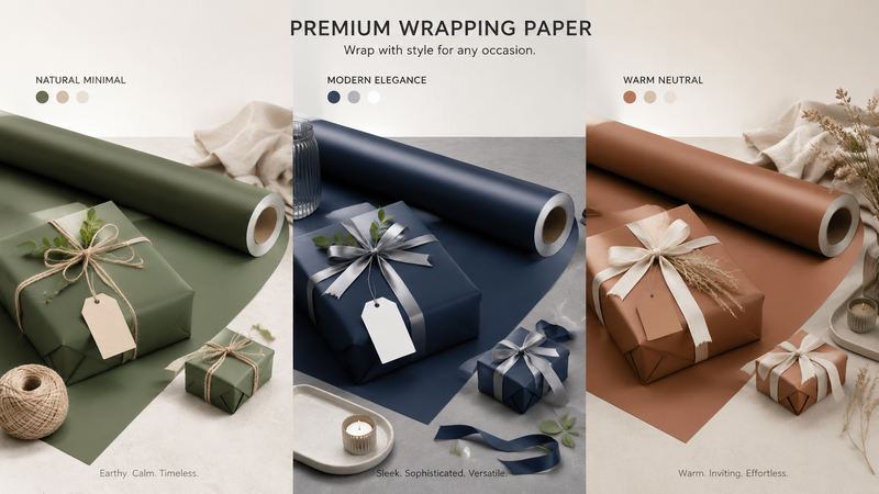 Minimalist product display of black premium wrapping paper roll with matte finish, shown with wrapped gift boxes on clean white background, modern packaging material for gift wrapping use.