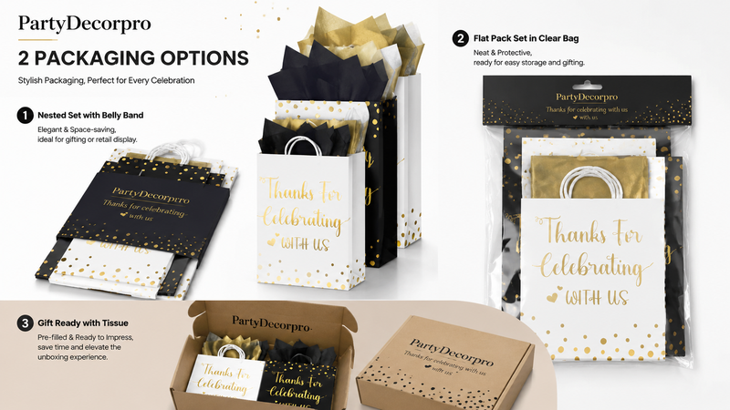 Elegant gift bag packaging presentation showing black, gold and white themed designs with tissue paper, highlighting customizable packaging solutions for brand enhancement