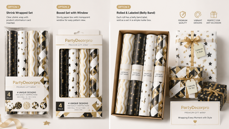 Black gold geometric gift wrapping paper rolls with stars and wave patterns packaging options display for premium gift wrap sets
