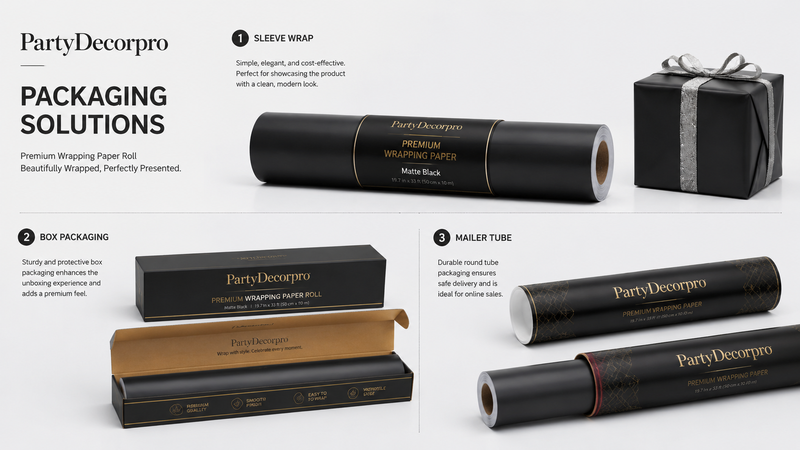 Premium black wrapping paper roll packaging solutions mockup for gift boxes and mailer packaging presentation