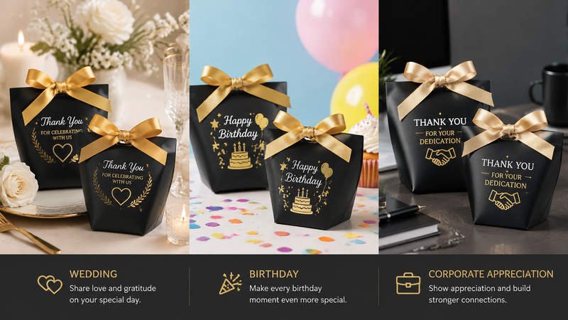 Black gift bags with gold ribbons for weddings, birthdays, and corporate gifts