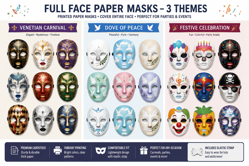 Full face printed paper skull masks set featuring colorful sugar skull designs in a clean catalog style layout