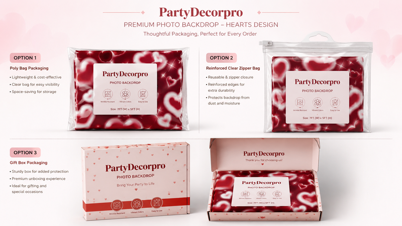 Valentine’s Day heart backdrop packaging showcase with poly bag, zipper bag, and gift box options.