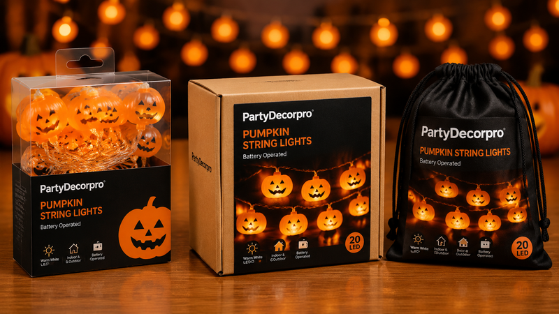 Pumpkin LED string lights packaging options including carton box, window display box and drawstring pouch for Halloween decor wholesale