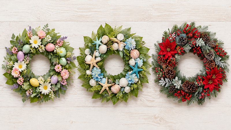 Three themed variations of a harvest pumpkin wreath design showcasing seasonal foliage, farmhouse and decorative styles.