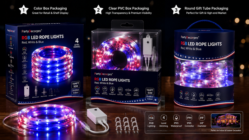 RGB rope light packaging display showing box PVC and tube gift packaging options for wholesale customization