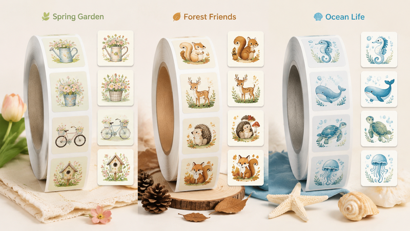 Rabbit themed sticker roll with multiple cute bunny illustrations, pastel style product packaging mockup