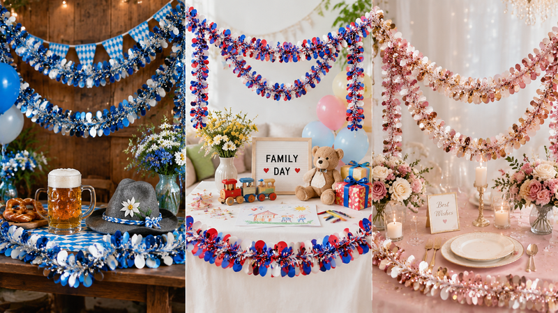 Patriotic metallic tinsel garland with sequin accents displayed in festive themed variations for party decoration wholesale use
