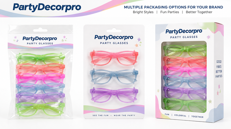 Custom packaging solutions for colorful retro party glasses with bags, cards and display boxes