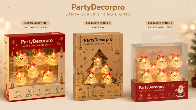 Santa Claus LED string lights packaging options showing bag, window box, and cylinder box variants with festive presentation