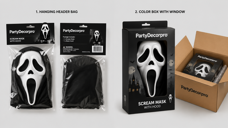 Scream mask packaging design showing hanging header bag and retail window box with carton shipping solution