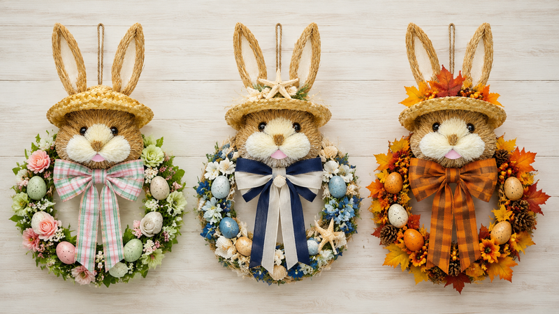 Bunny wreath collection featuring straw bunny head designs with floral and seasonal variations for home decor and retail display