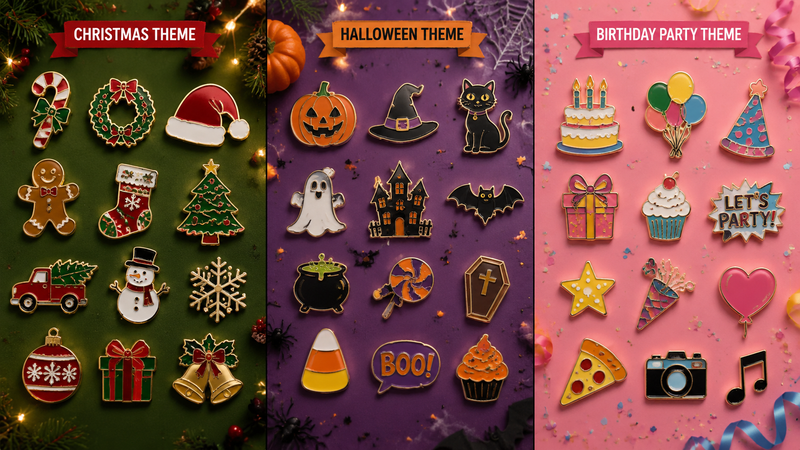 Assorted enamel lapel pins featuring Halloween, Christmas and Birthday party themed designs with colorful festive icons in a flat lay collage