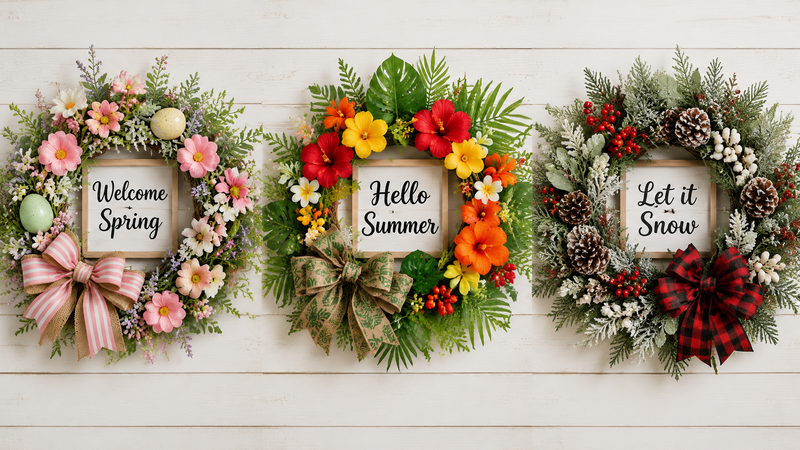 Three seasonal floral wreath design concepts including spring summer and winter styles on white wood background