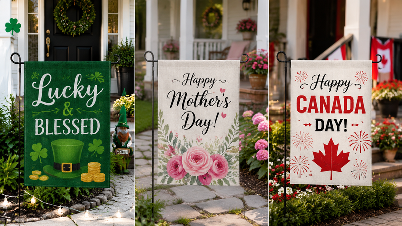 Three decorative garden flags displayed outdoors featuring St. Patrick’s Day, Mother’s Day and Canada Day themed designs on porch yard stands