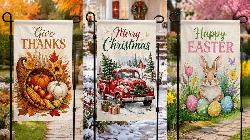 Three seasonal decorative garden flags featuring Thanksgiving, Christmas and Easter themed outdoor yard flag designs displayed on stands