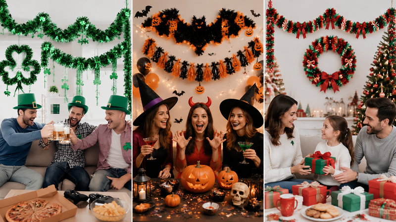 Multi theme festive tinsel wreath decorations including green St Patrick style and seasonal party garlands displayed as holiday decor collection