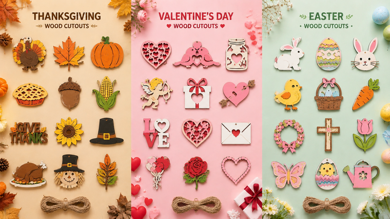 Flat lay of laser cut wooden holiday craft set including Thanksgiving Valentine and Easter themed ornaments semi hollow design
