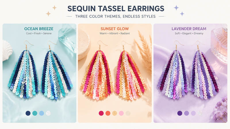Three color theme sequin tassel sequin tassel earrings product showcase in a single layout with ocean breeze sunset and lavender styles