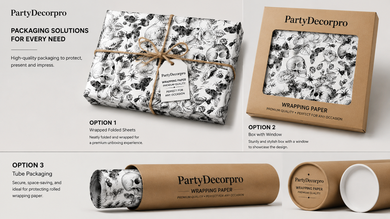 Black and white illustrated skull and floral wrapping paper design with butterflies, suitable for premium gift and party packaging customization