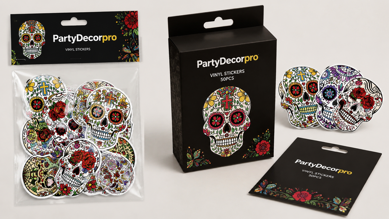 Skull vinyl sticker sets displayed in pouch and box retail packaging mockups showing customizable wholesale branding options