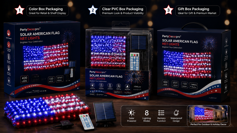 Solar American flag net lights packaging options showing color box PVC box and gift box designs for LED outdoor lighting set