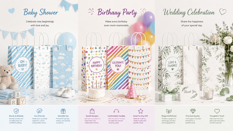 Custom themed paper gift bag collection featuring baby shower, birthday party, and wedding celebration designs with reinforced handles and premium printed patterns