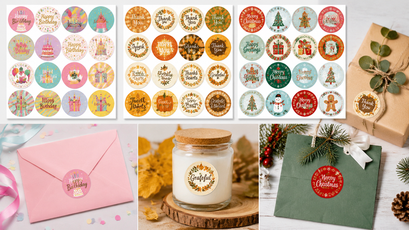 St Patrick’s Day round sticker label set with clover beer hat designs on gift packaging