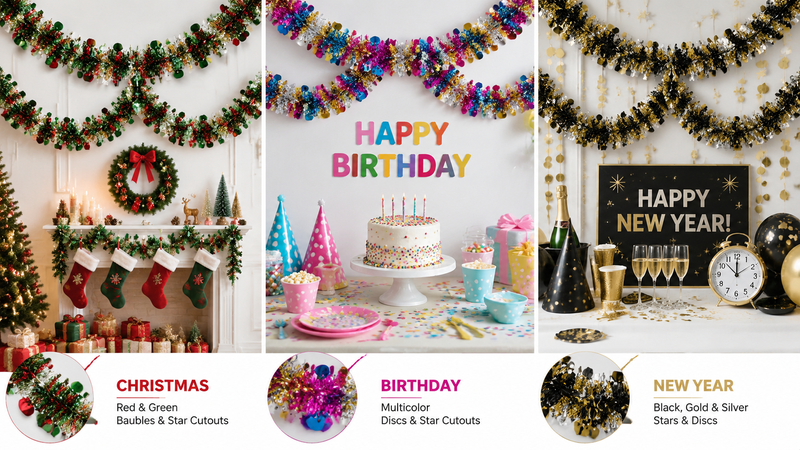 Green gold shamrock tinsel garland festive party decoration display with cookies drinks and holiday themed table setup