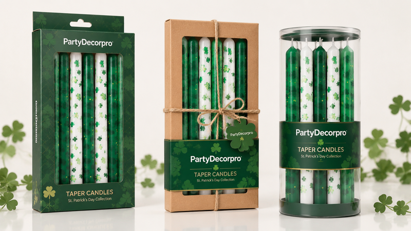 St. Patrick’s Day taper candles packaging in gift box kraft box and clear tube display