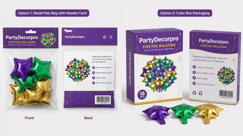 Custom packaging solutions for colorful star foil balloons with retail bags and gift boxes