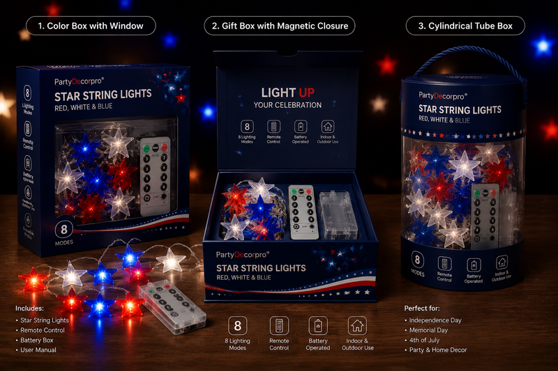 Star string lights packaging options showing color box gift box and cylindrical tube packaging designs for wholesale lighting set